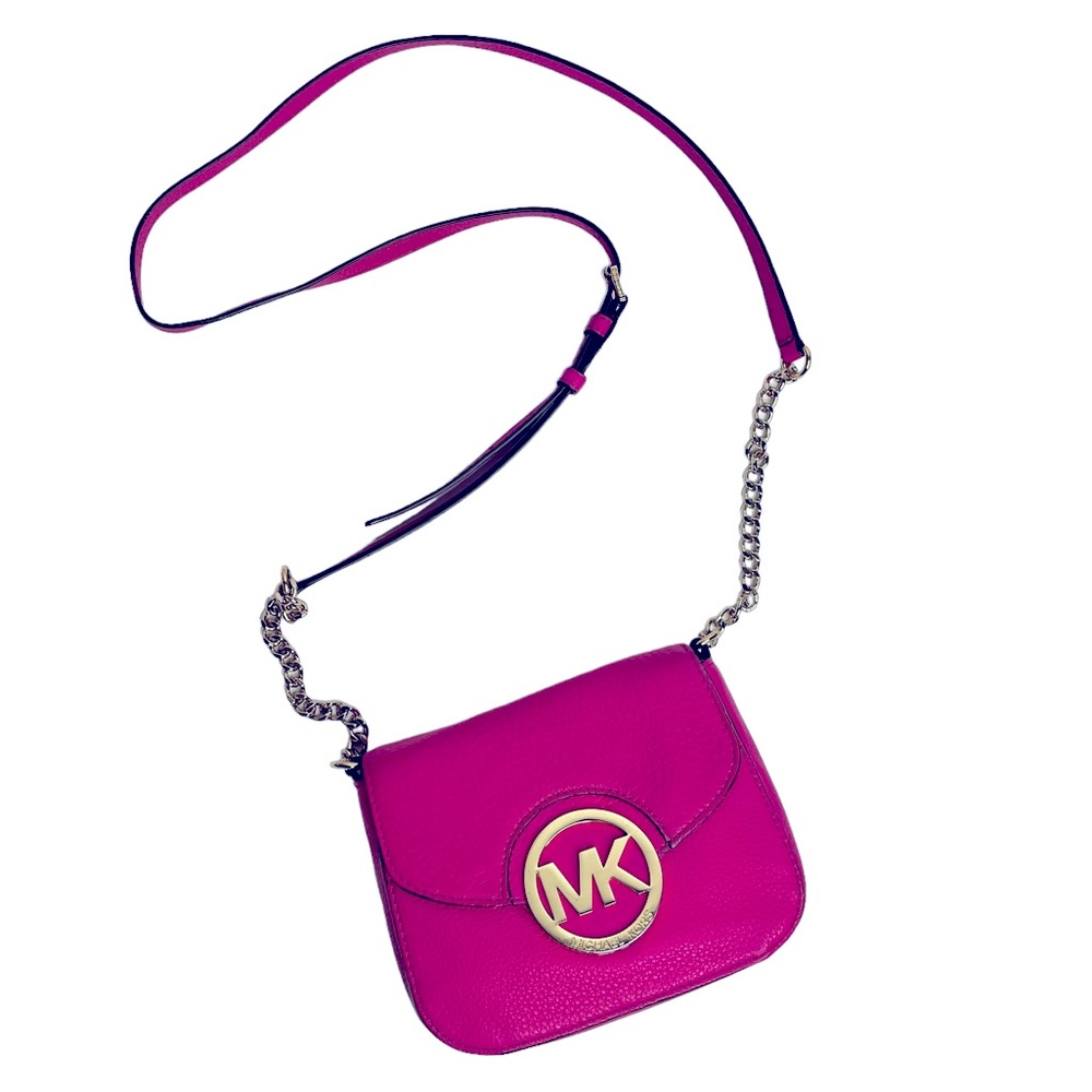 Michael Kors Small Hot Pink & Gold Leather Crossbody Purse - Picture 1 of 10